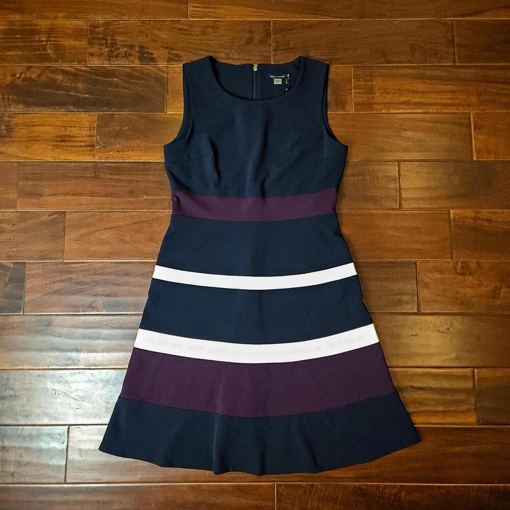NWT Tommy Hilfiger Color Block Black Purple White Fit & Flare Dress Size 10